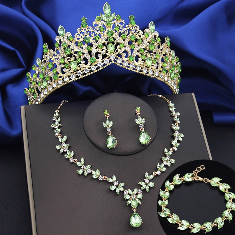 4 Pcs Lime Green Crown Jewelry Sets for Women Fashion Tiaras Bracelets Earrings and Necklace Sets Bride Wedding Prom Accessories